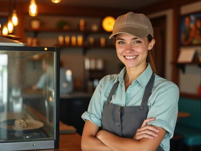 Smiling Female Barista Standing Behind Cafe Counter