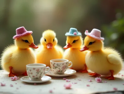 Four Cute Ducklings Having A Tea Party