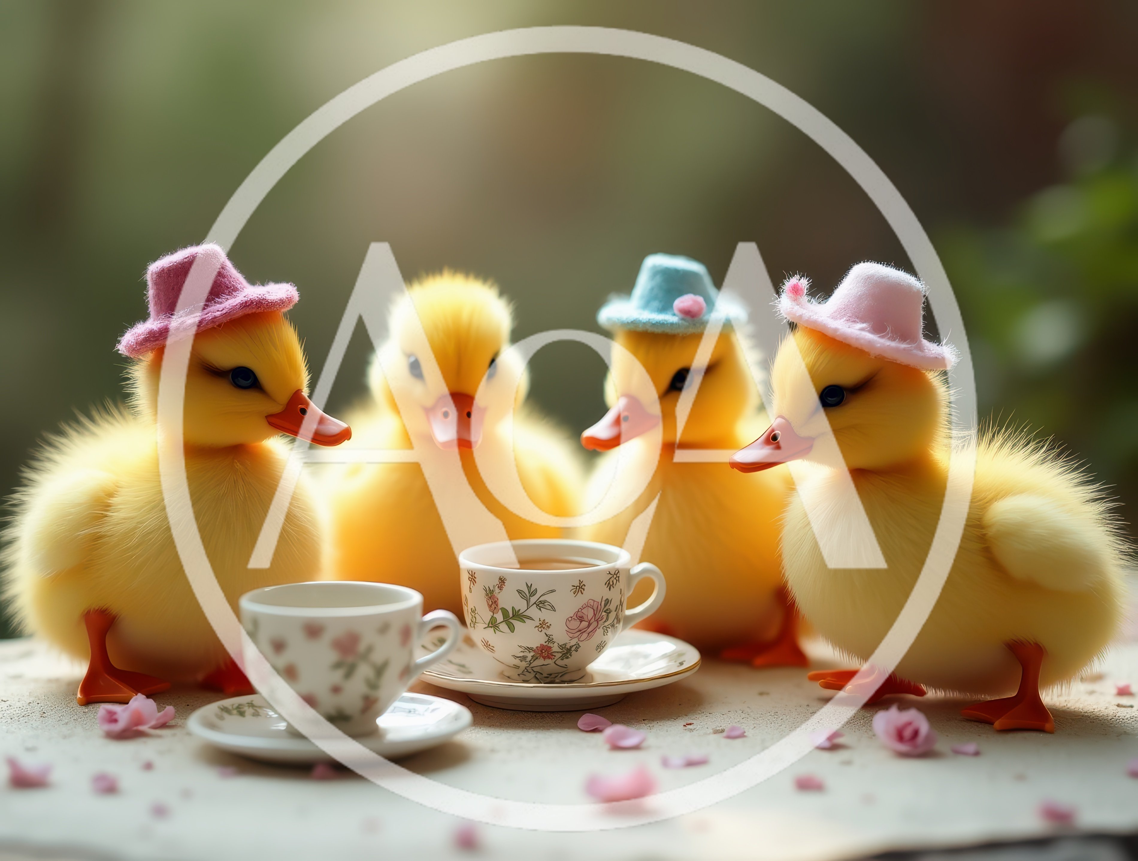 Four Cute Ducklings Having A Tea Party