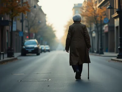Elderly Person Walking Down Empty City Street