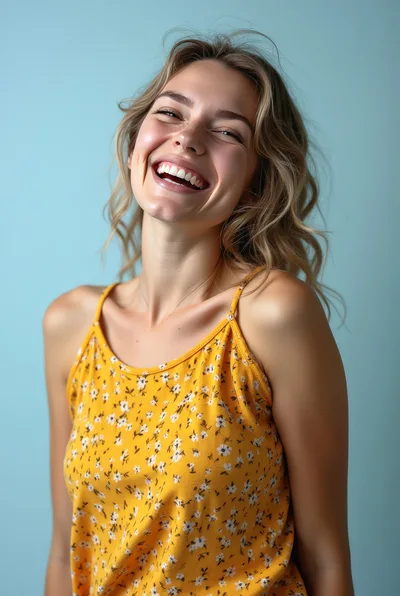Happy Young Woman Laughing Against Blue Background