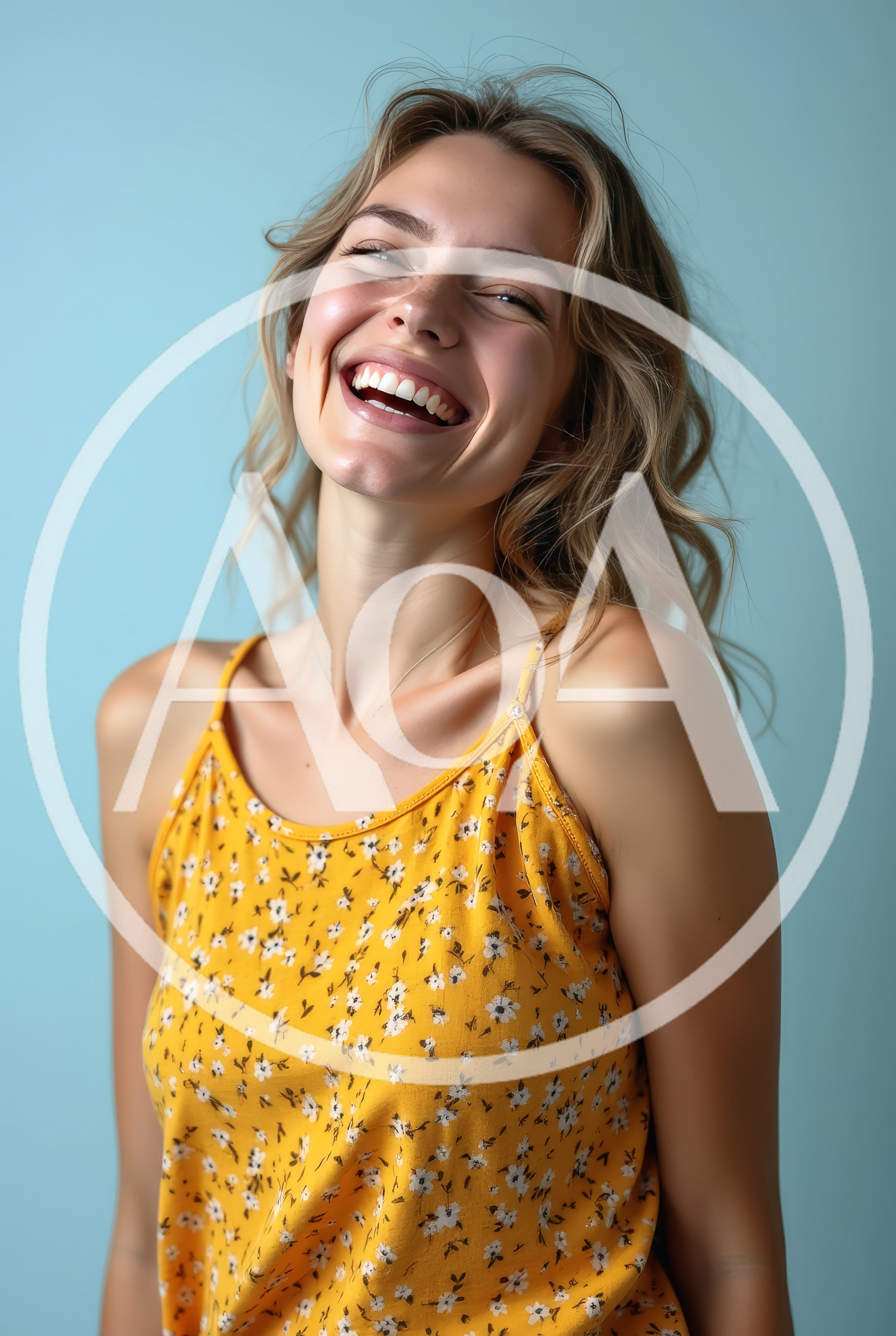 Happy Young Woman Laughing Against Blue Background