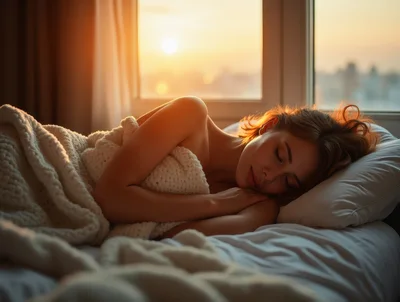 Young Woman Sleeping Peacefully In Bed At Sunrise