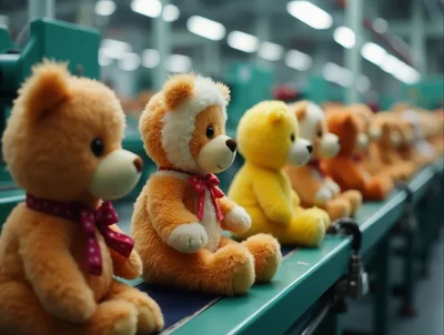 Teddy Bears Moving Along A Factory Assembly Line