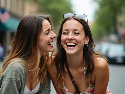 Two Young Women Laughing Together Outdoors