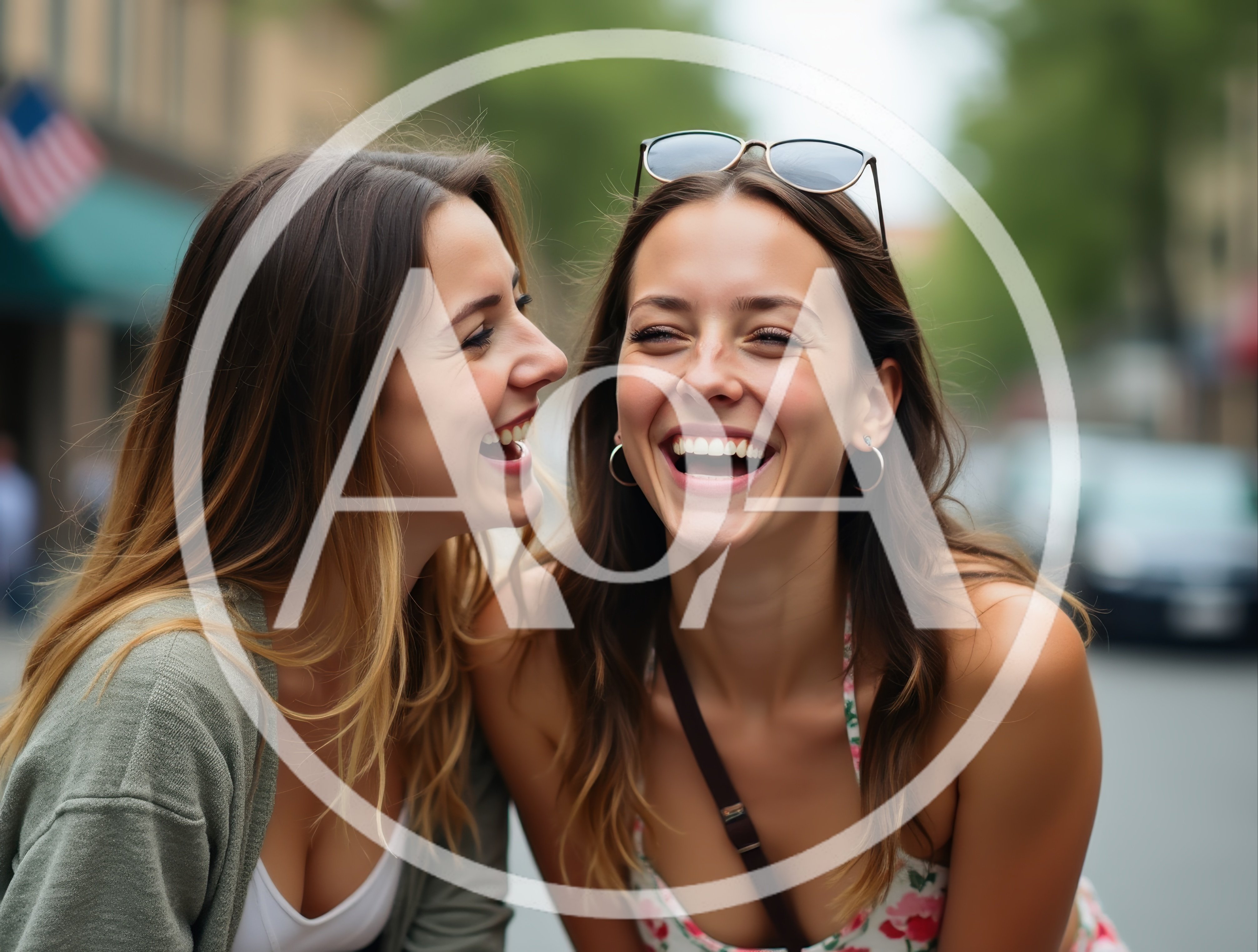 Two Young Women Laughing Together Outdoors