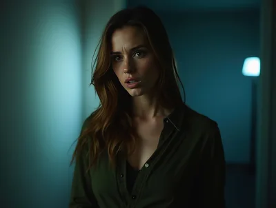 Young Woman With Concerned Expression In Dimly Lit Room