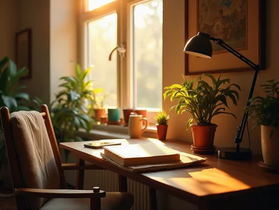 Cozy Home Office Desk With Sunlight