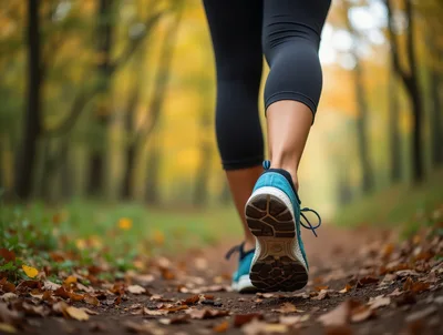 Close Up Of Runner Feet On Autumn Forest Trail