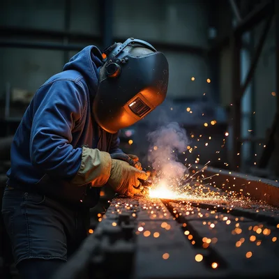 Welder Working On Metal In Industrial Workshop