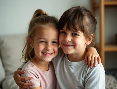 Two Young Girls Embracing and Smiling Together