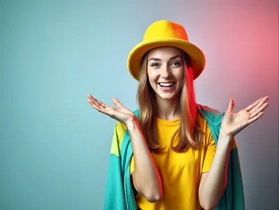 Happy Young Woman Wearing Yellow Hat And Colorful Jacket