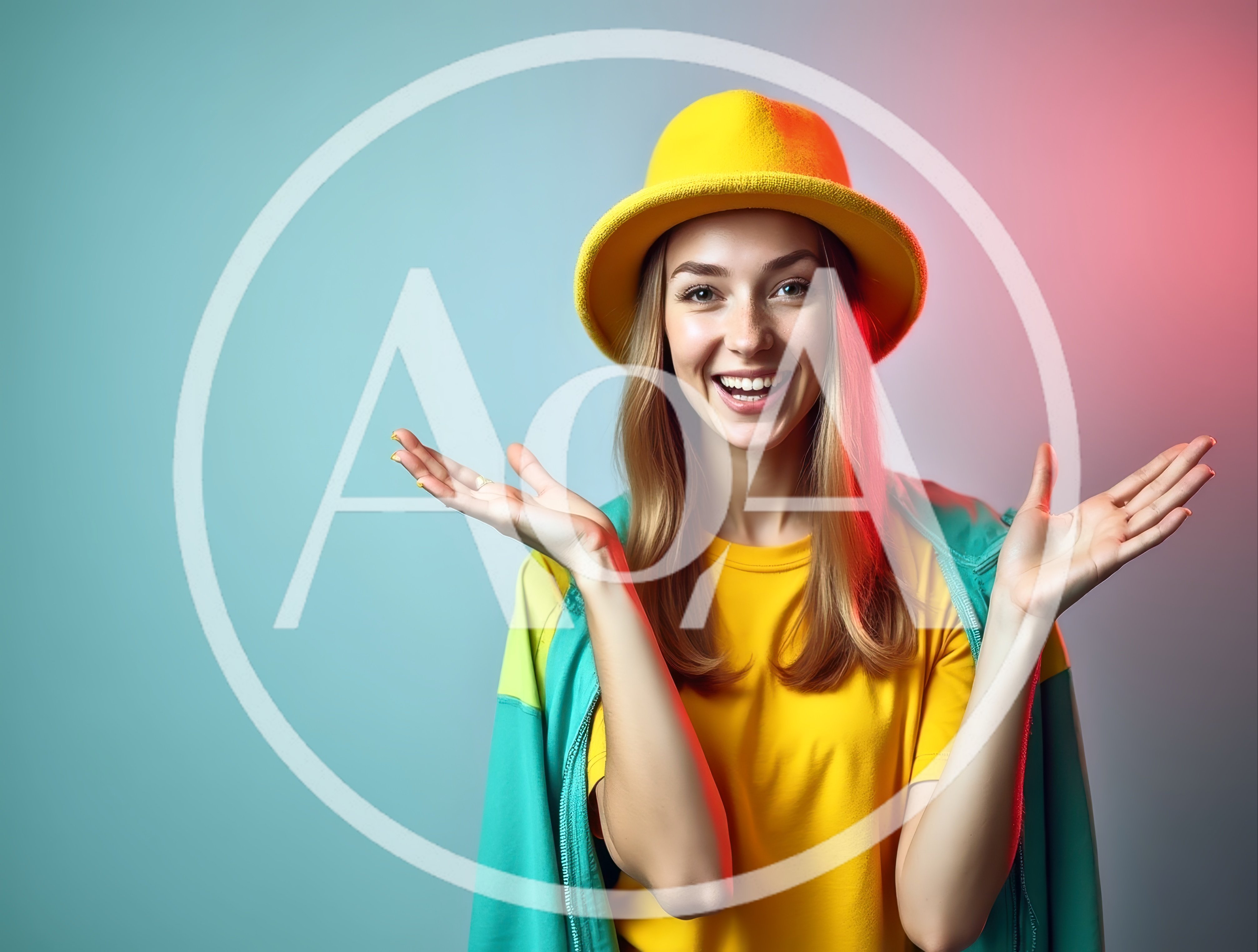 Happy Young Woman Wearing Yellow Hat And Colorful Jacket
