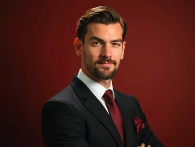 Professional Businessman In Suit Posing Against Red Background