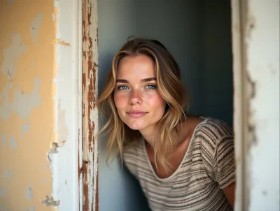 Young Woman Peeking Through A Doorway