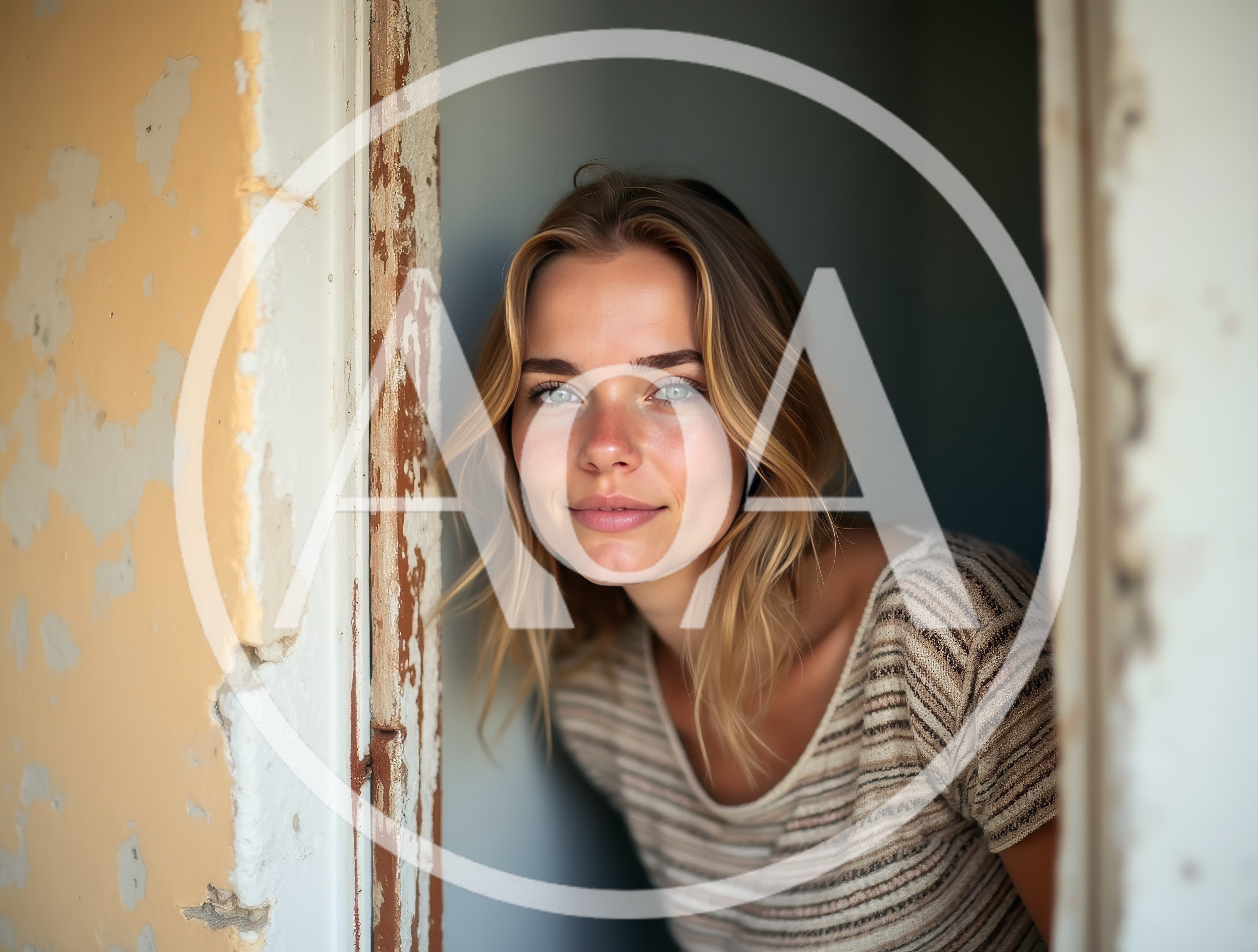 Young Woman Peeking Through A Doorway