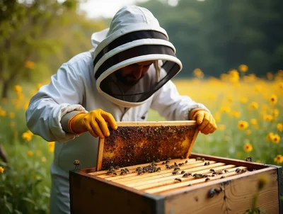 Beekeeper Inspecting Honeycomb Frame In A Flower Field