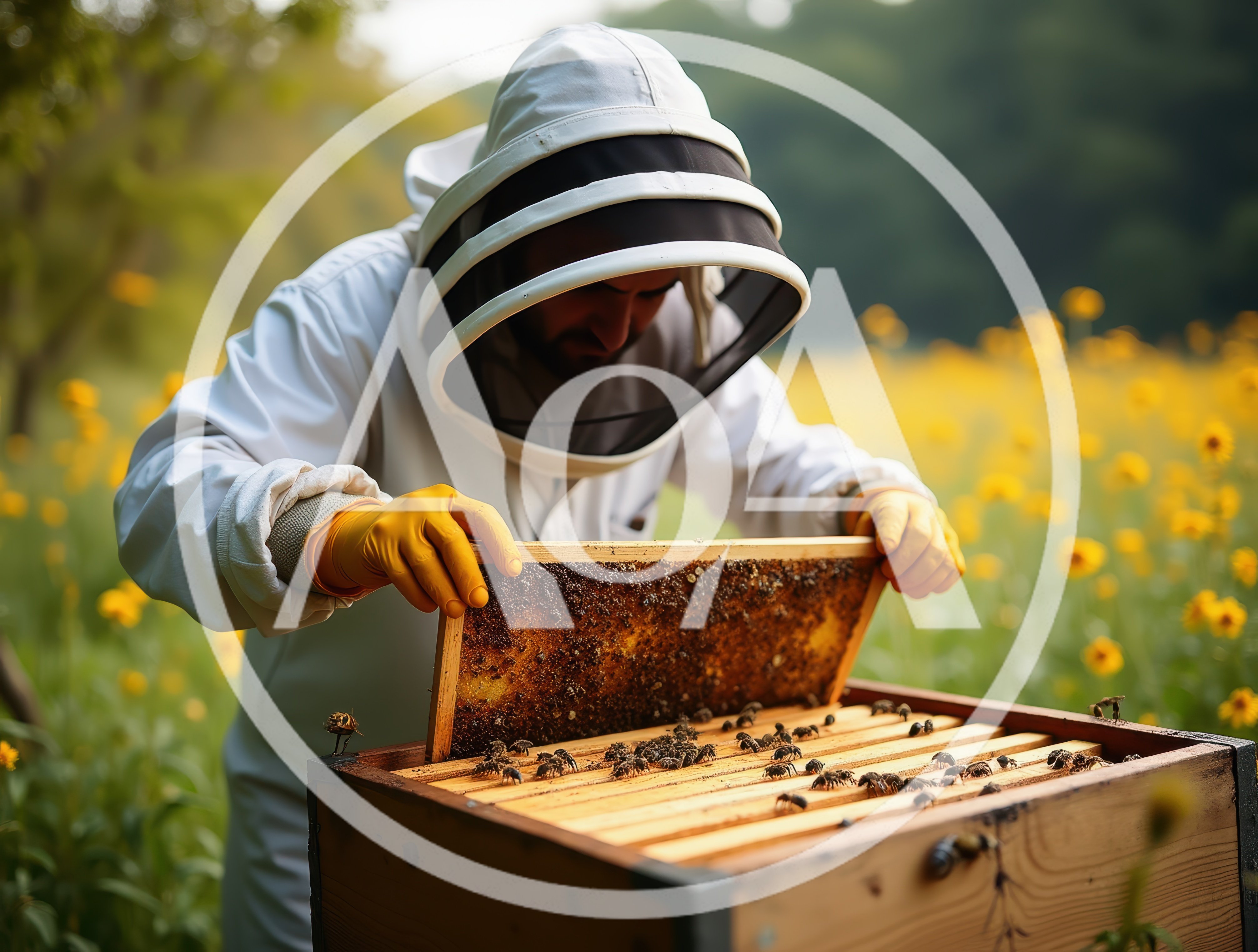 Beekeeper Inspecting Honeycomb Frame In A Flower Field