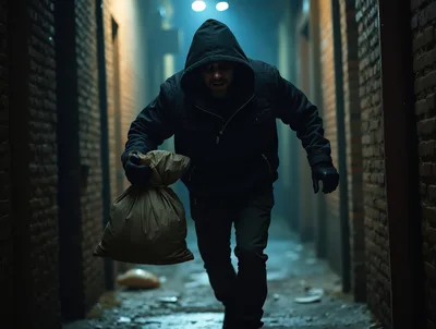 Hooded Thief Running Through A Dark Urban Alleyway