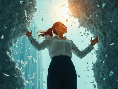 Businesswoman Standing Amidst Floating Glass Shards