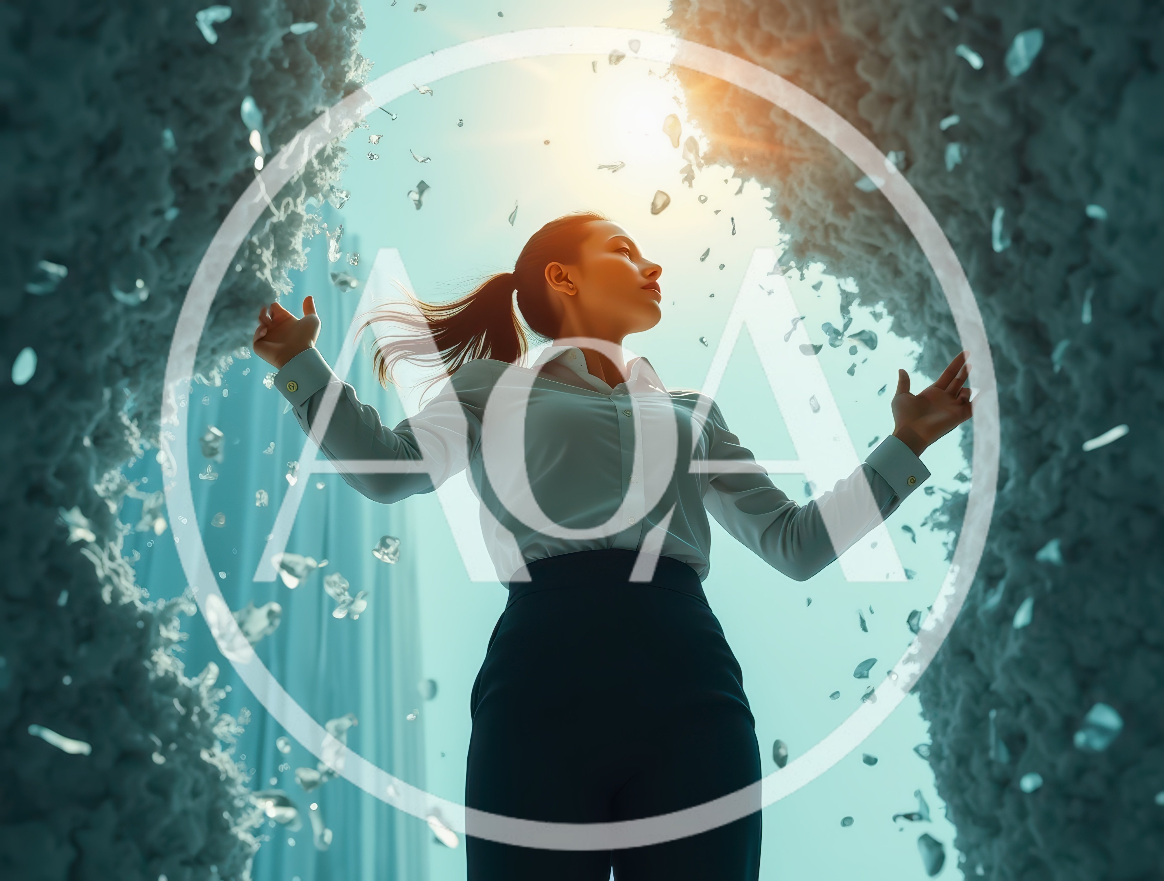 Businesswoman Standing Amidst Floating Glass Shards