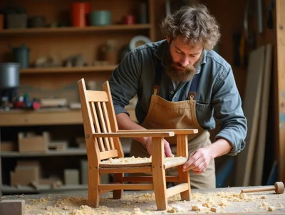 Woodworker Crafting A Miniature Wooden Chair In Workshop