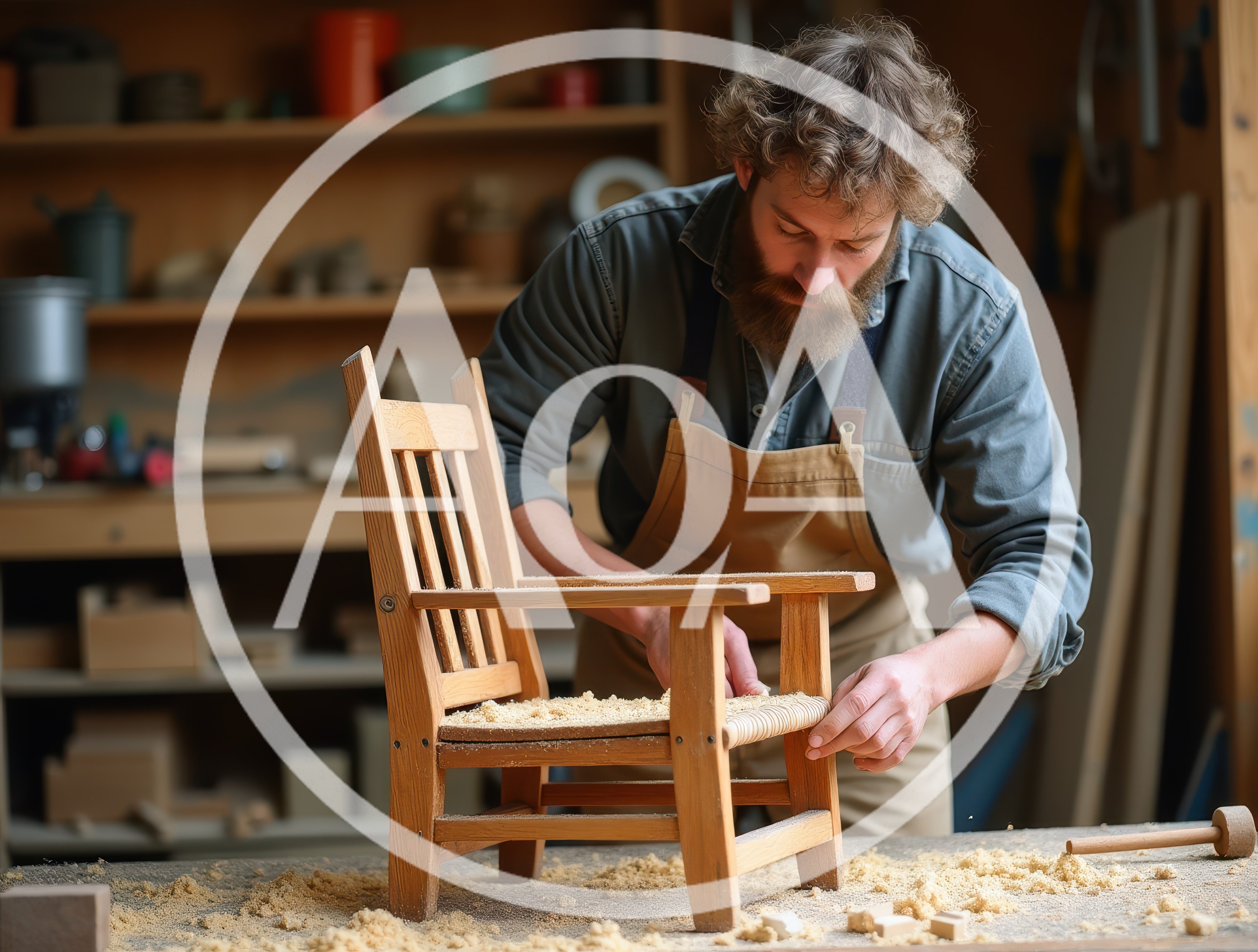 Woodworker Crafting A Miniature Wooden Chair In Workshop