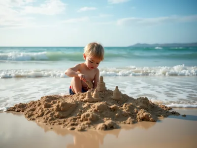 Toddler Playing With Sandcastle On Tropical Beach
