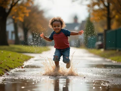 Toddler Boy Jumping Joyfully Into A Puddle