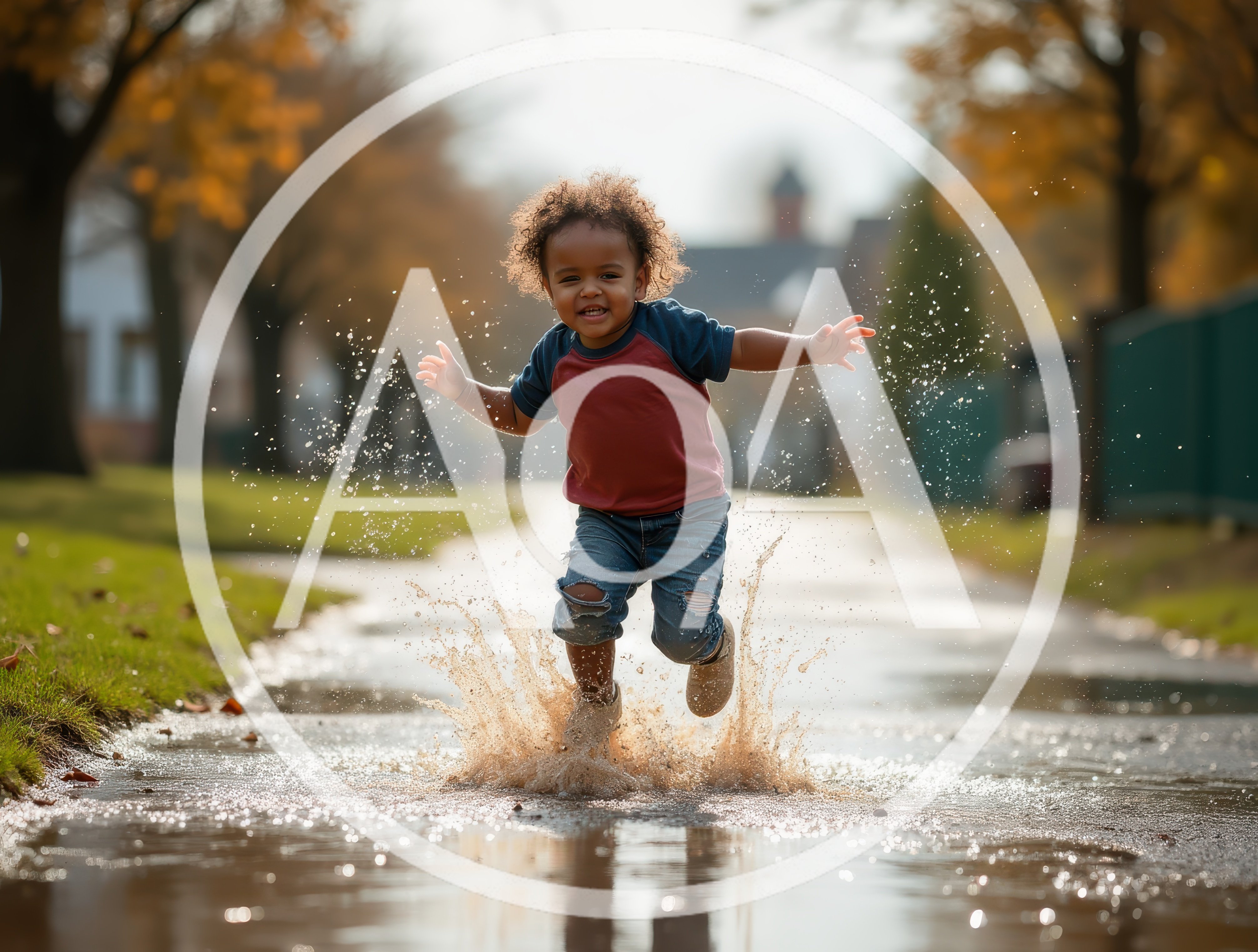 Toddler Boy Jumping Joyfully Into A Puddle
