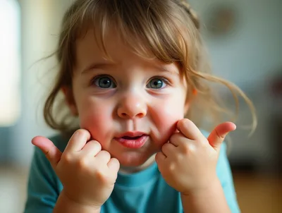 Toddler Girl Making Funny Faces With Hands On Cheeks