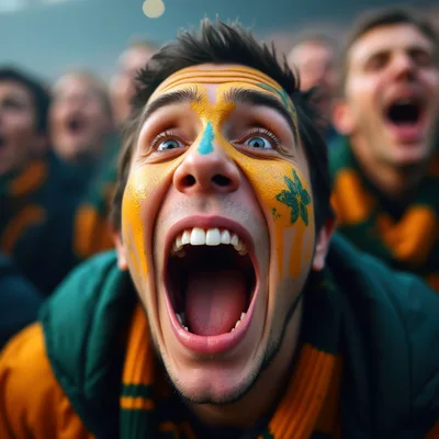 Excited Sports Fan Cheering With Face Paint