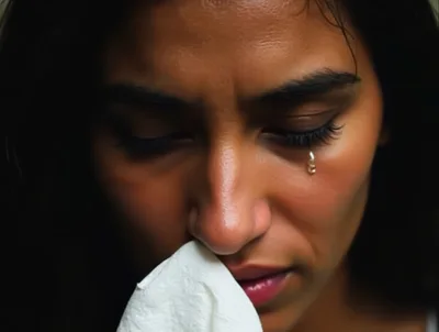 Close Up Of A Crying Woman Holding A Tissue