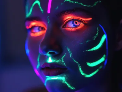 Portrait Of A Woman With Neon Fluorescent Face Paint