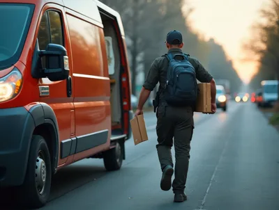 Delivery Driver Walking With Packages From Van