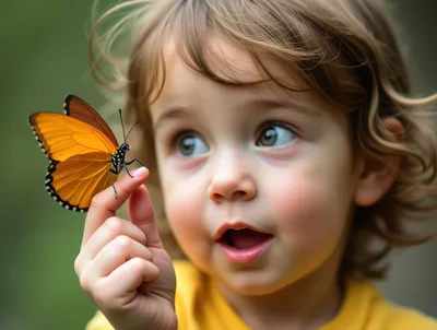 Toddler Holding A Vibrant Orange Butterfly