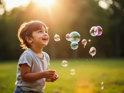 Happy Toddler Boy Playing With Bubbles Outdoors