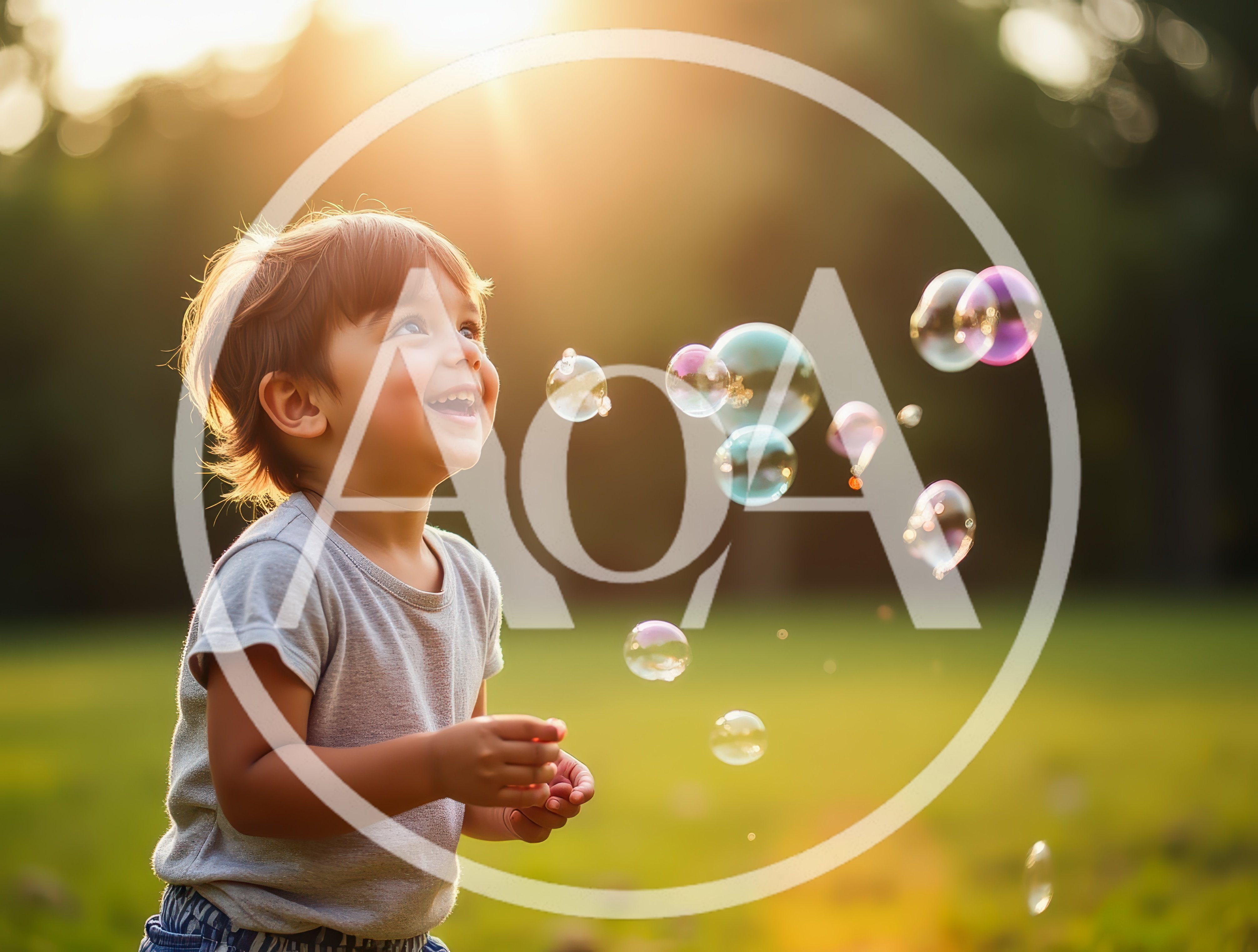 Happy Toddler Boy Playing With Bubbles Outdoors