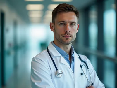 Professional Male Doctor Standing In Hospital Corridor