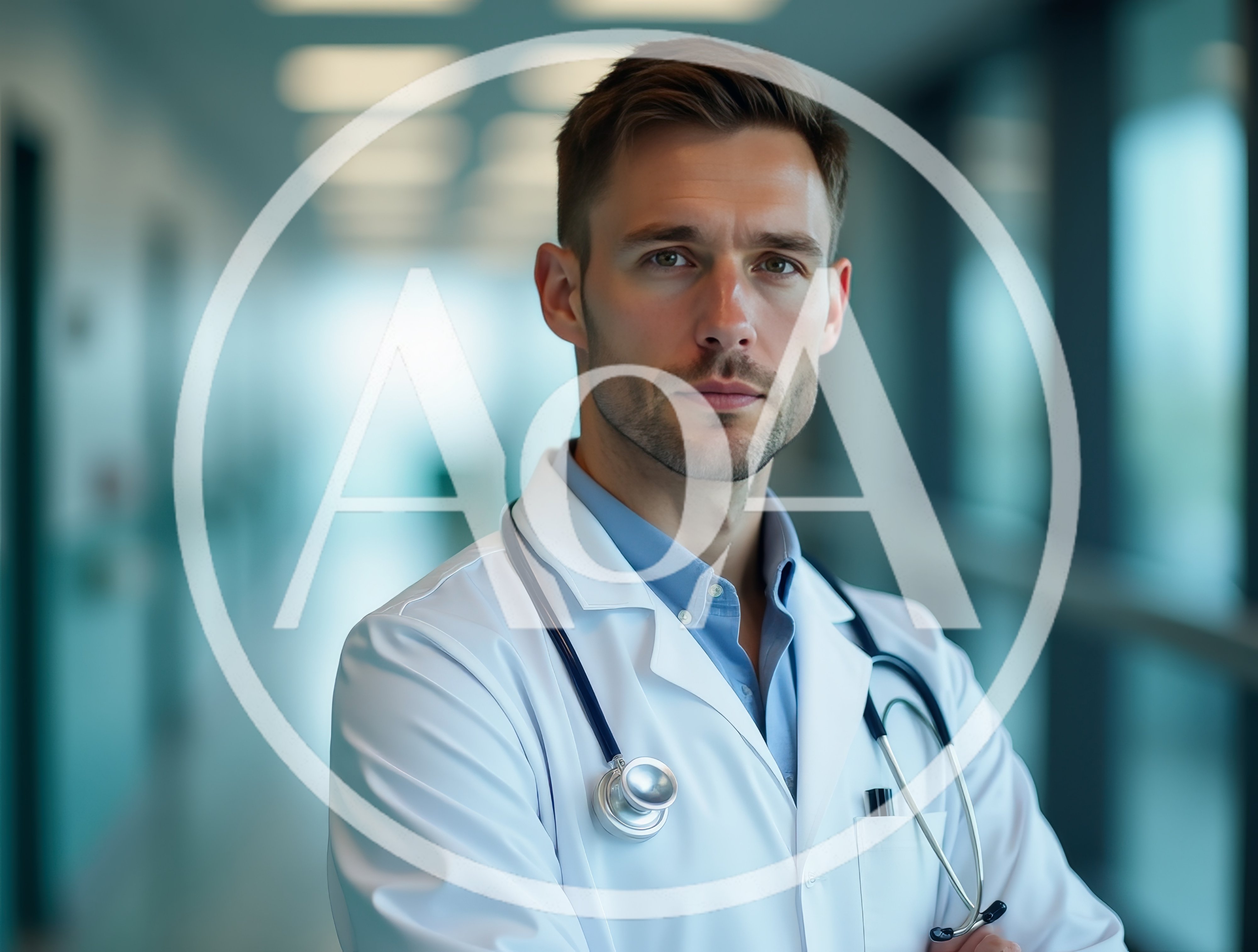 Professional Male Doctor Standing In Hospital Corridor
