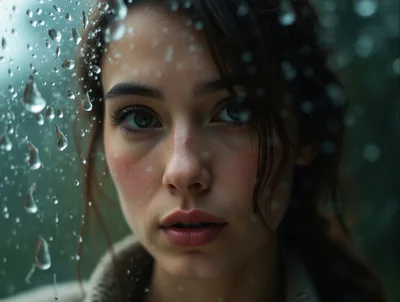 Young Woman Looking Through Rain Covered Window