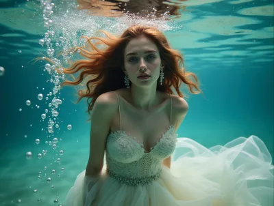 Redhead Woman In Wedding Dress Underwater