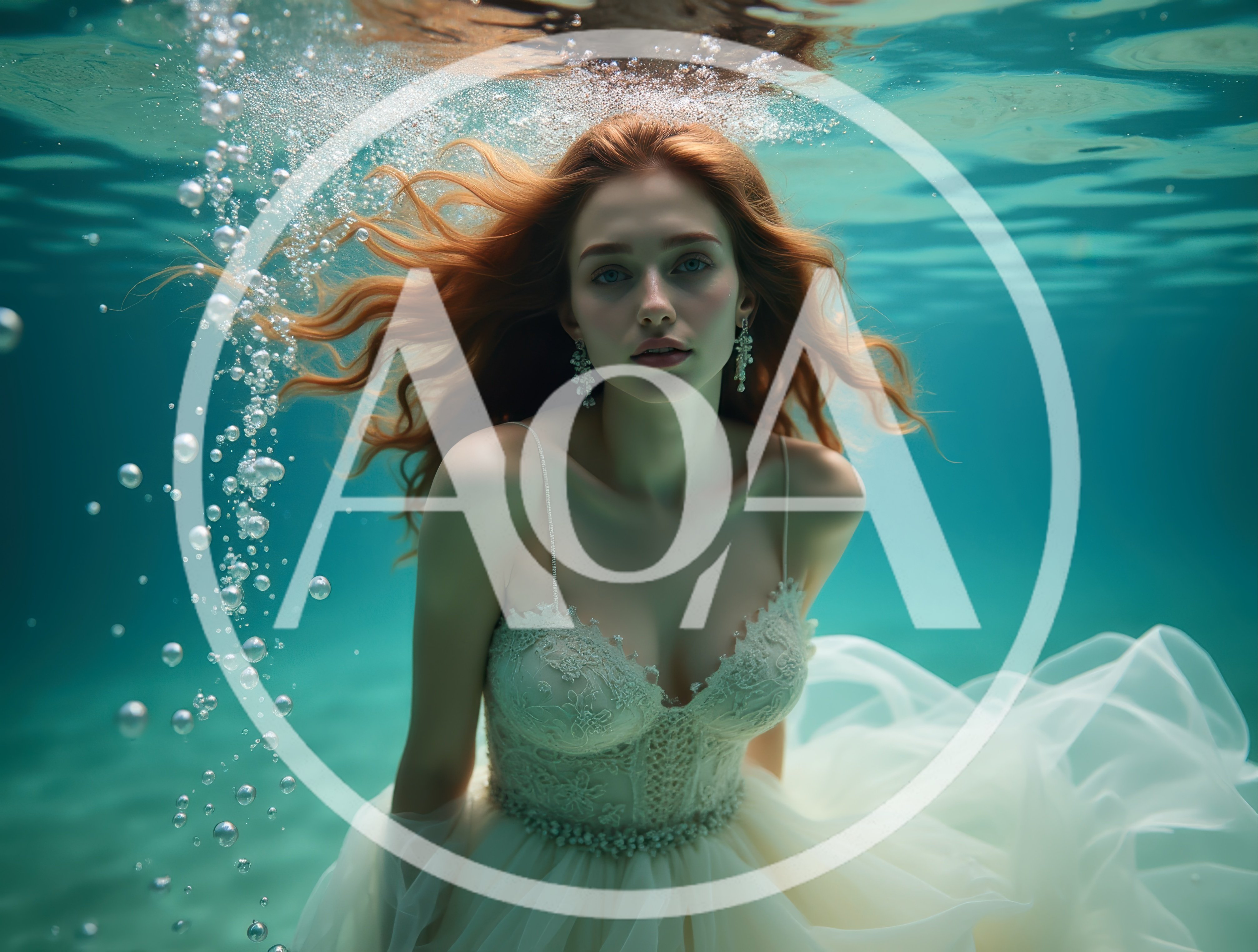 Redhead Woman In Wedding Dress Underwater