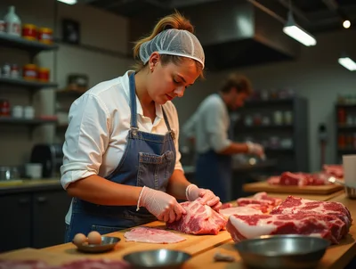 Professional Butcher Preparing Raw Meat In Commercial Kitchen