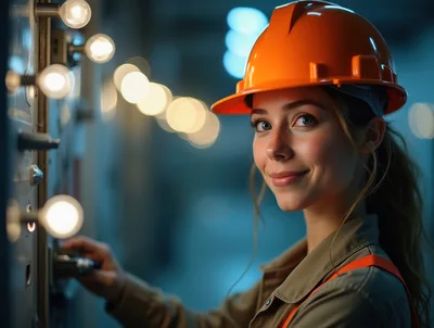 Female Electrical Engineer Operating Industrial Control Panel