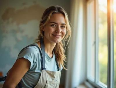 Smiling Woman Wearing Apron Standing Near Window