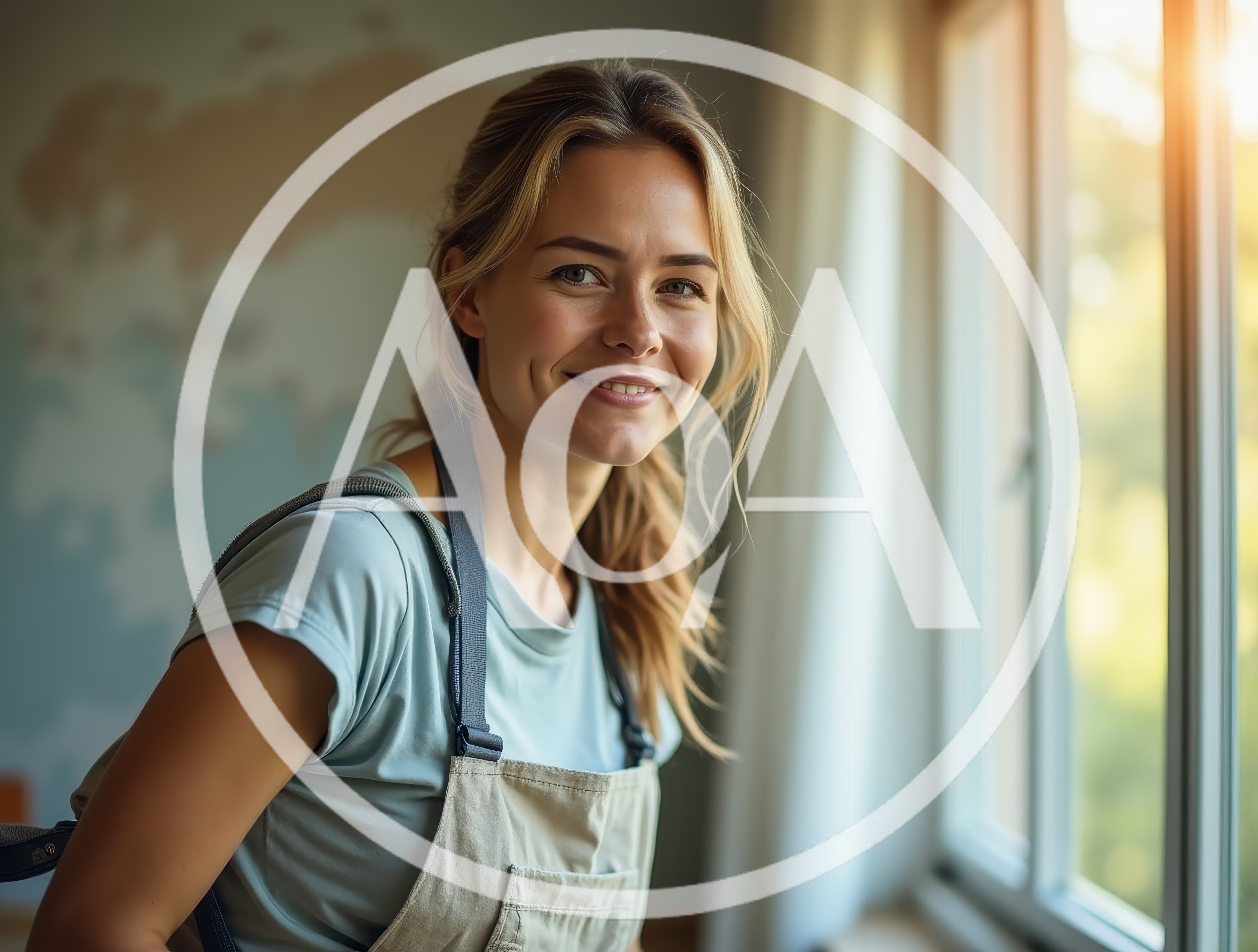 Smiling Woman Wearing Apron Standing Near Window