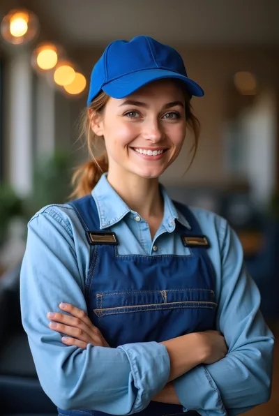 Smiling Young Woman Wearing Blue Work Uniform And Cap