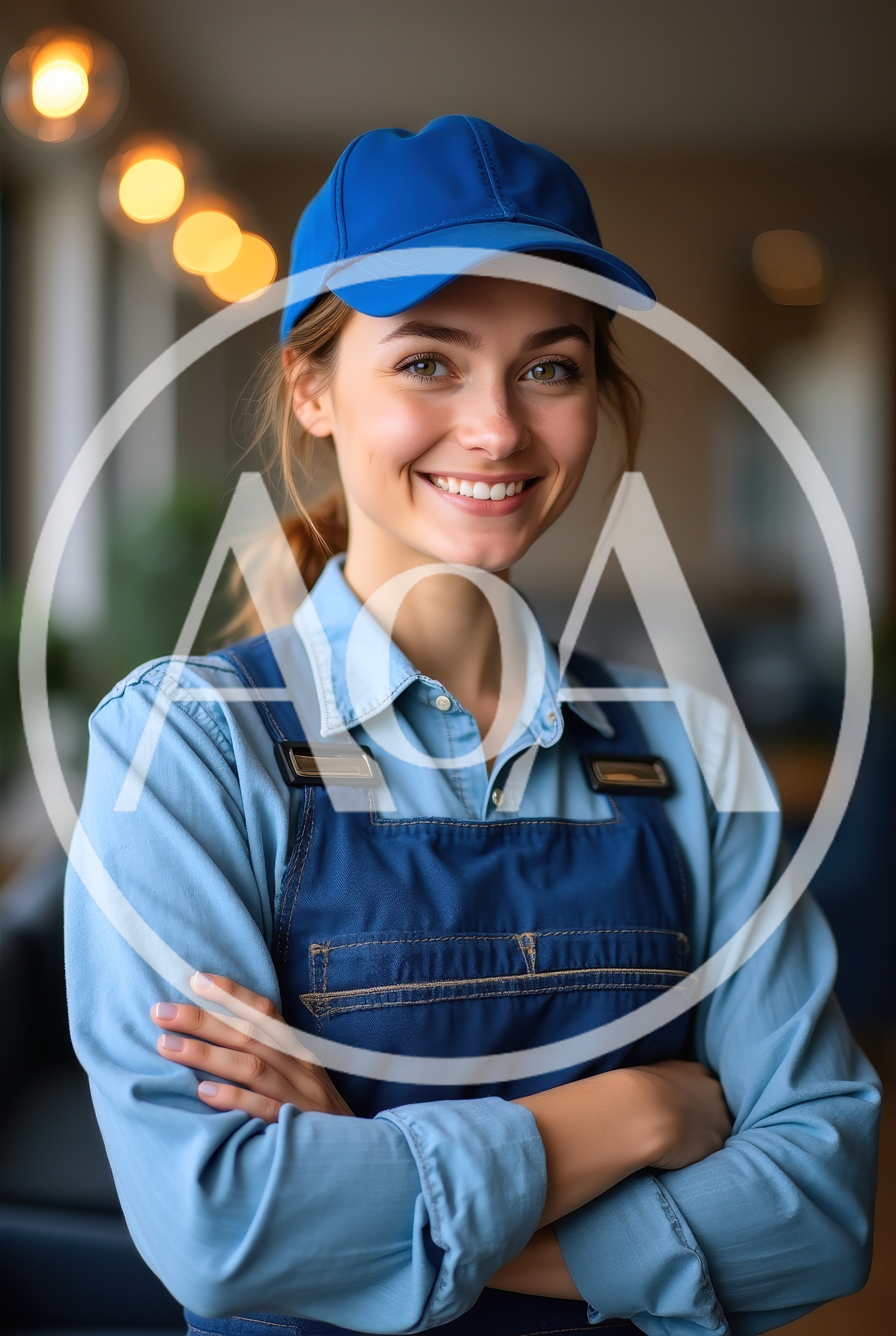 Smiling Young Woman Wearing Blue Work Uniform And Cap
