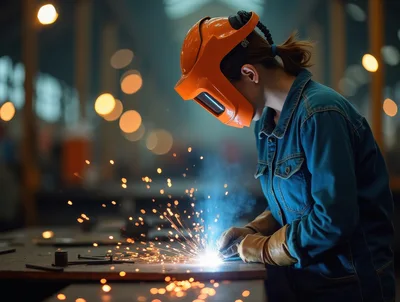 Female Welder Working In Industrial Metal Workshop
